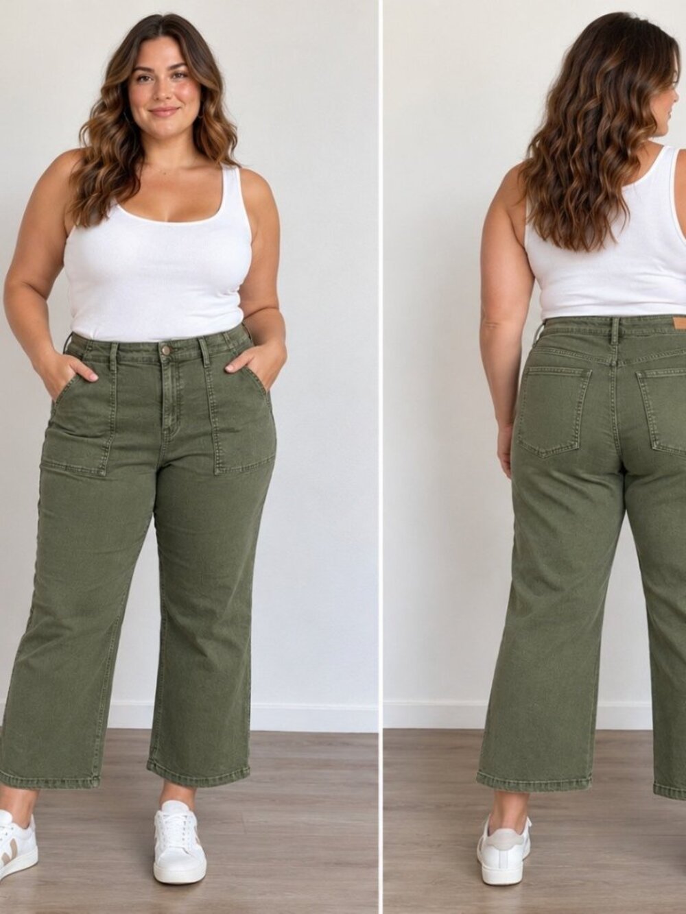 Sanctuary Denim Vacation Crop High Rise Flare Pants 14W Olive Green Patch Pocket